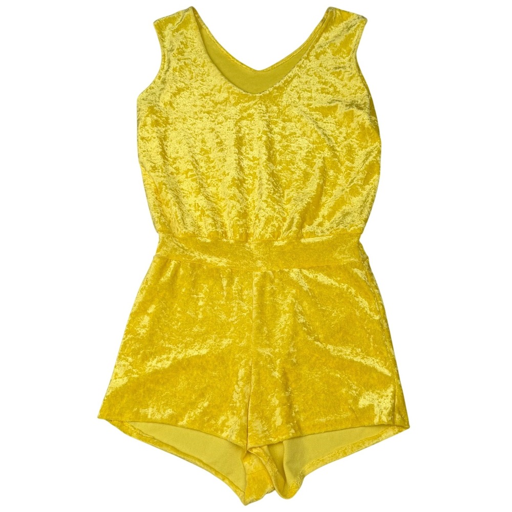 Vintage Yellow Crushed‎ Velvet Romper Sleeveless V-Neck Retro Dopamine Kidcore S